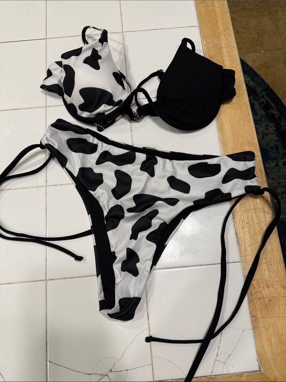 Cow Print Tie-Side Bikini Set - Black & White